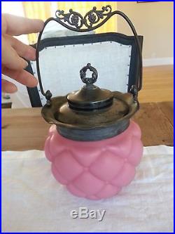 Consolidated Antique Pink Diamond Quilted Glass Biscuit Jar Silver handle