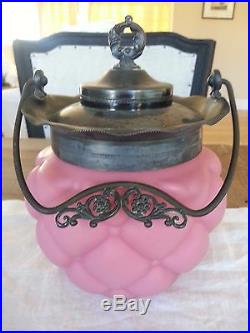 Consolidated Antique Pink Diamond Quilted Glass Biscuit Jar Silver handle
