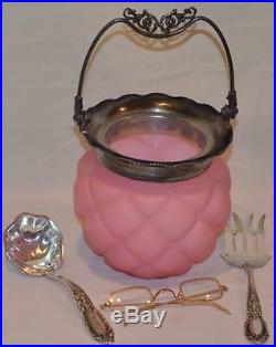 Consolidated Antique Pink Satin Glass Quilted Biscuit Jar With Fancy Handle
