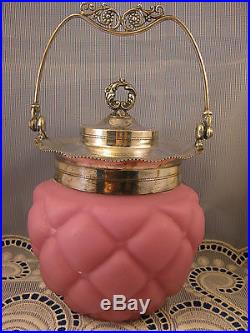 Consolidated PINK SATIN QUILT BISCUIT JAR Silver Plate Florette Lid & Handle