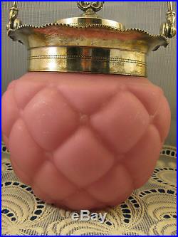Consolidated PINK SATIN QUILT BISCUIT JAR Silver Plate Florette Lid & Handle