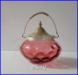 Cranberry Coindot Biscuit Jar withsilver lid & handle vintage