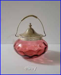Cranberry Coindot Biscuit Jar withsilver lid & handle vintage