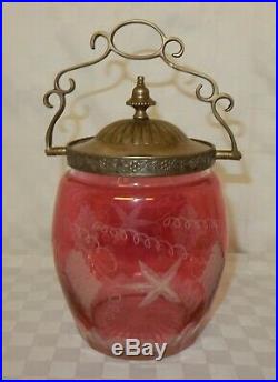Cranberry Glass Cut to Clear Biscuit Jar Silver Plated Handle and Lid