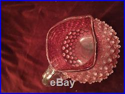 Cranberry Glass Hobnail Fenton Jar, 7 7/8 tall with clear handle