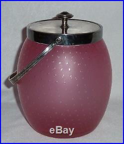 Cranberry Satin Art Glass Controlled Bubble Biscuit Jar Silverplate Lid & Handle