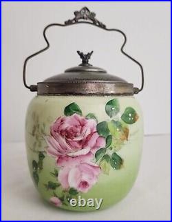 Crown Milano Glass Biscuit Jar Hand Painted Satin Glass Butterfly Lid & Handle