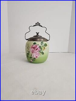 Crown Milano Glass Biscuit Jar Hand Painted Satin Glass Butterfly Lid & Handle