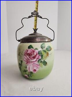 Crown Milano Glass Biscuit Jar Hand Painted Satin Glass Butterfly Lid & Handle