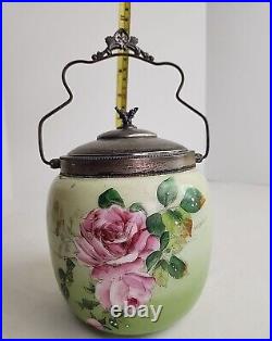 Crown Milano Glass Biscuit Jar Hand Painted Satin Glass Butterfly Lid & Handle