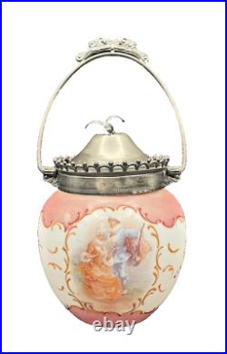 Crown Milano Mt Washington Glass Co Hand Painted Couple Milk Glass Biscuit Jar