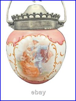 Crown Milano Mt Washington Glass Co Hand Painted Couple Milk Glass Biscuit Jar