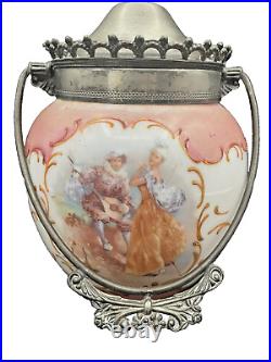 Crown Milano Mt Washington Glass Co Hand Painted Couple Milk Glass Biscuit Jar