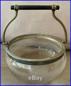 Cut Clear Glass Biscuit Jar Barrel Candy Bowl Dish Metal Handle Rim HELP Antique