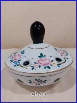 Czech Bohemian Green Cased White Glass/Porcelain Lidded Candy Jar Painted Roses