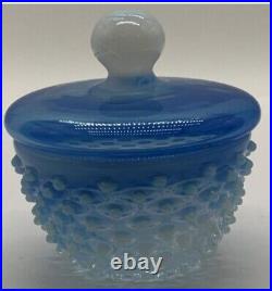 Czechloslovacia Art Glass Blue Opalescent Hobnail Blown Lidded Powder Jar