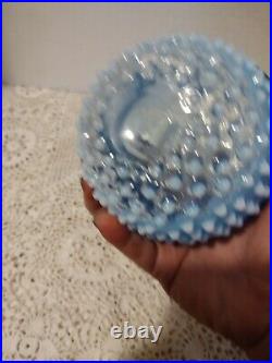 Czechloslovacia Art Glass Blue Opalescent Hobnail Blown Lidded Powder Jar