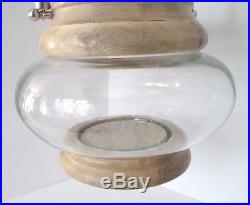 DECORATIVE WOOD ROUND GLASS BOWL JAR CANDLE HOLDER LANTERN VASE with HANDLE NEW