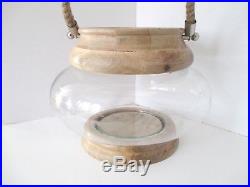 DECORATIVE WOOD ROUND GLASS BOWL JAR CANDLE HOLDER LANTERN VASE with HANDLE NEW