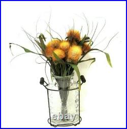 Decorative Glass Jar Vase in Handled Metal Holder with Fall Wild Flowers