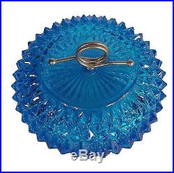 Diamond Point Covered Blue Glass Powder Jar Candy Dish Metal Handle