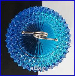 Diamond Point Covered Blue Glass Powder Jar Candy Dish Metal Handle