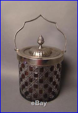 EAPG RUBY STAINED & CUT GLASS- CHECKERED PATTERN BISCUIT JAR WITH HANDLE AND LID