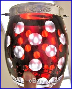 EARLY CZECH GLASS BISCUIT JAR RUBY CUT TO CLEAR SILVER COLLAR LID & HANDLE