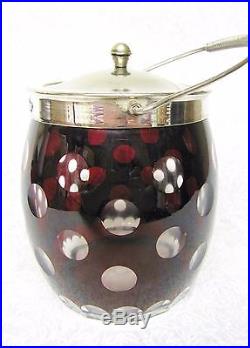 EARLY CZECH GLASS BISCUIT JAR RUBY CUT TO CLEAR SILVER COLLAR LID & HANDLE