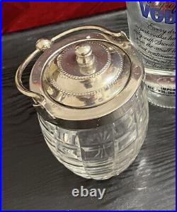 ENGLISH BARREL STYLE OLIVE SERVING CONDIMENT or HONEY POT, JAM JAR ETCHED GLASS