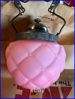 EXCELLENT CONDITION ANTIQUE Pink Quilted Satin Art Glass Biscuit Jar with Handle