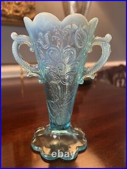 EXTREMELY RARE Mary Ann Vase by Dugan in Blue Opal 2 Handles 8 Scallops