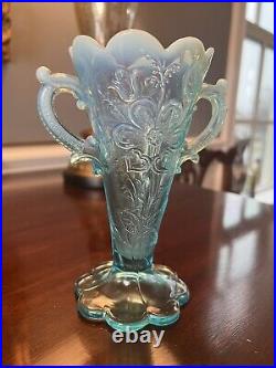 EXTREMELY RARE Mary Ann Vase by Dugan in Blue Opal 2 Handles 8 Scallops