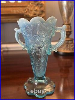 EXTREMELY RARE Mary Ann Vase by Dugan in Blue Opal 2 Handles 8 Scallops