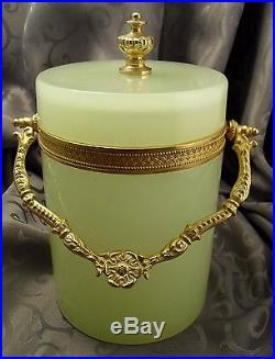 Elegant french antique yellow-green opaline biscuit jar, trinket box withhandle