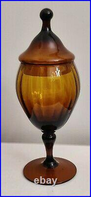 Empoli Amber Art Glass Candy Dish Apothecary Jar Optical Circus Tent 13 Fab MCM