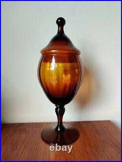 Empoli Amber Art Glass Candy Dish Apothecary Jar Optical Circus Tent 13 Fab MCM