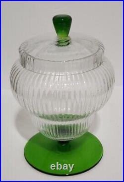 Empoli Clear Optic Ribbed Green Handle Base Glass Apothecary Jar 8 T