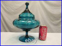 Empoli Italian Art Glass 12 tall BLUE MUSHROOM SHAPED Covered Candy Jar MCM