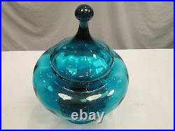 Empoli Italian Art Glass 12 tall BLUE MUSHROOM SHAPED Covered Candy Jar MCM