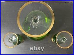 Empoli Italy Green Glass Apothecary Jar Gold Overlay Jewels & 2 Glasses Lot