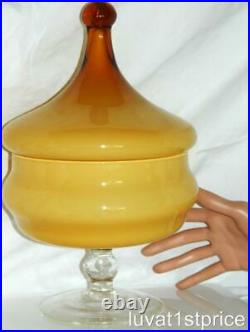 Empoli Mid Century Hand Blown Amber Art Glass Pedestal Apothecary Dish Lid 12