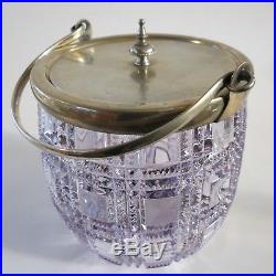 English Art Nouv molded purple glass biscuit jar brass lid handle 6.5 h x 6.5 w