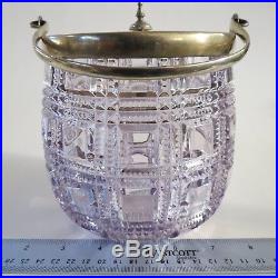 English Art Nouv molded purple glass biscuit jar brass lid handle 6.5 h x 6.5 w