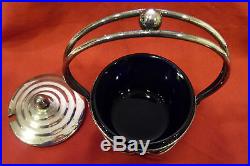 English silverplate jam jar, with handle cobalt glass insert, beautiful