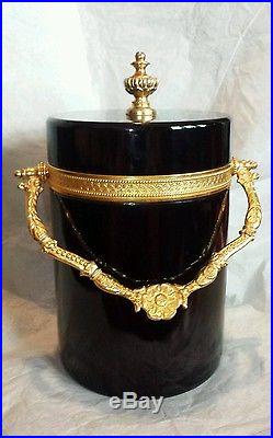 Estate Cenedese Murano Large 8 Black Glass Dore Finial Handle Biscuit Candy Jar