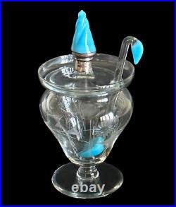 Etched Glass Sterling Silver Pedestal Caviar Jelly Jam Jar Turquoise Blue Finial