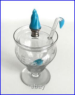 Etched Glass Sterling Silver Pedestal Caviar Jelly Jam Jar Turquoise Blue Finial