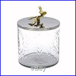 Etched Glass Storage Jar Hammered Stainless Lid with Brass Birds & Branches Handle