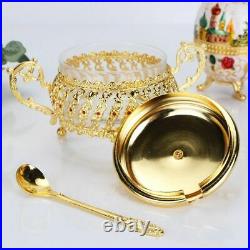 European Style Sugar Bowl Gold Finish Metal Glass Tea Coffee Jar Tableware Decor